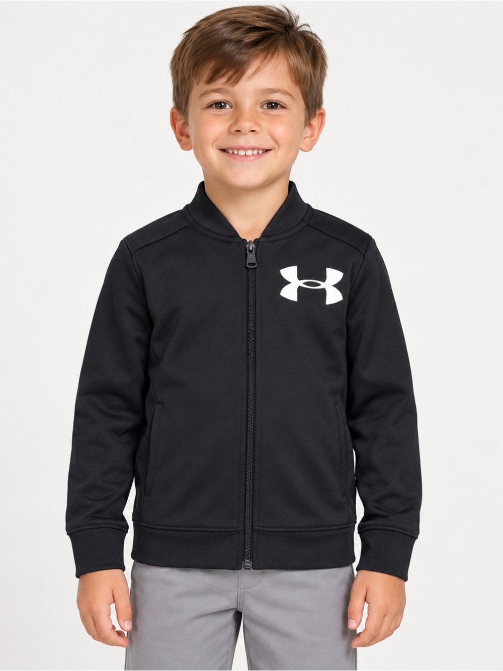 Under Armour Boys YXS (6-7 Black Full Zip Bomber Track Jacket White Logo Pockets
